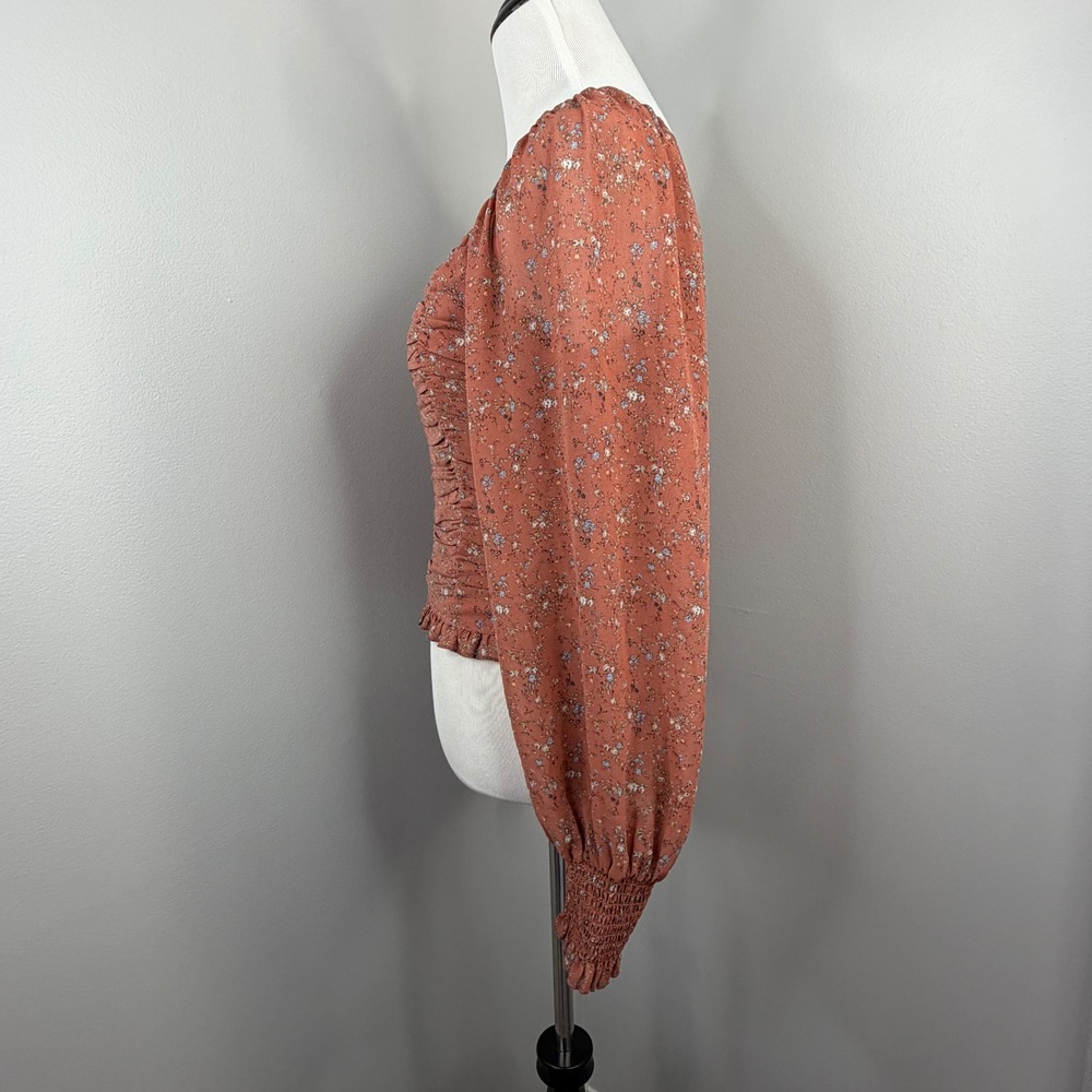 Promesa Rust Floral Ruched Long Sleeve‎ Blouse Square Neck Smocked Cuff Medium - Picture 3 of 11
